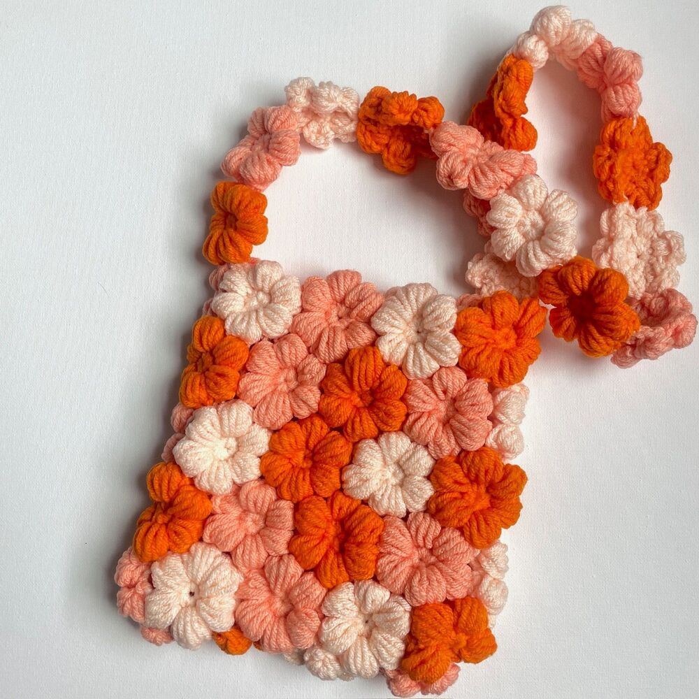 🌸 Handmade Crochet 3D Puff Flower Shoulder Bag – Peach & Tangerine